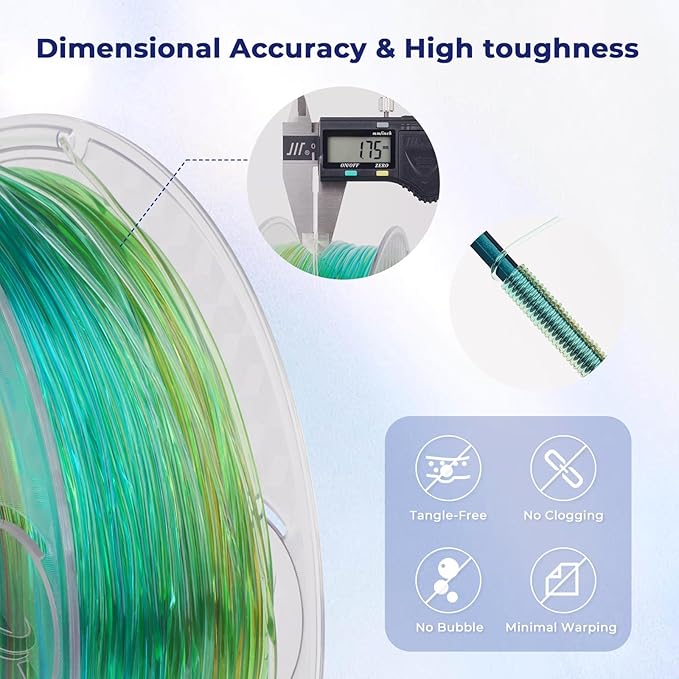 AMOLEN TPU 3D Printer Filament, Transparent Multicolor Rainbow TPU 1.75mm, Color Change Flexible Soft TPU 3D Printing Filament Supports High Speed, 1kg Spool(2.2lbs), Blue Green Orange