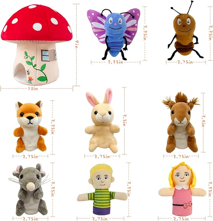 9 Pcs Finger Puppets Set Mini Toys, Soft Plush Insect Animal Finger Puppet for Kids Mini Stuffed Animals with Mushroom House,Finger Puppets for Toddlers Storytelling Role-Playing Christmas School