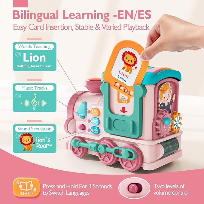 hahaland Musical Toy for Baby Girl Gifts，First Year Activity Musical Train with Talking Flash Cards Bilingual (EN/ES), Educational Learning Toys for Toddlers, Baby Toys 18-36 Months Girl Easter Gifts
