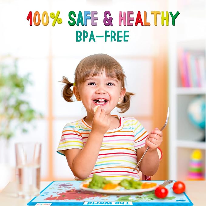 Merka Kids Educational Placemat Set 4-Pack - 17 x 11 in Multicolor Silicone - Washable & Reusable with Secure Grip Backing - Map Placemats for Kids, Solar System, Human Body, World & US Map