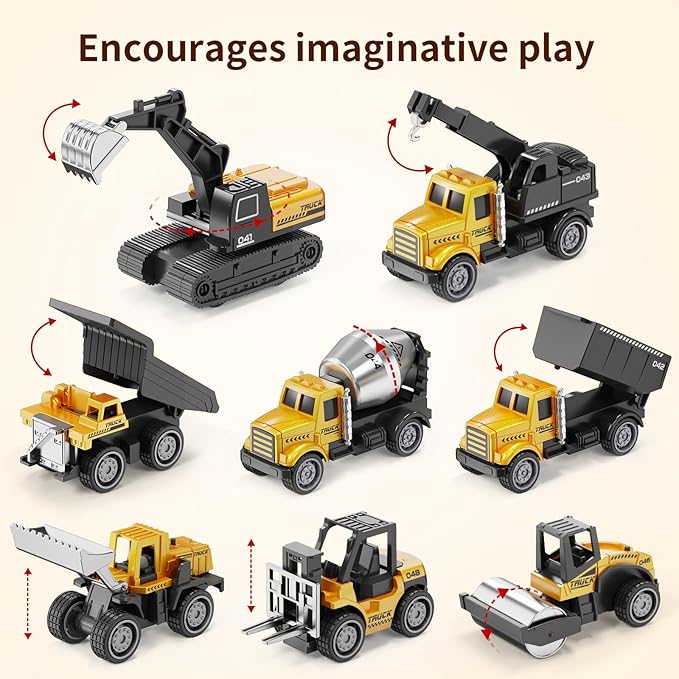 HONGTUO Alloy Mini Construction Vehicles, 8Pcs Die-cast Construction Toys Set, Excavators Mixer Truck Bulldozers Forklift Dump Truck, Pull Back Car Toys for Toddlers Kids Boys & Girls