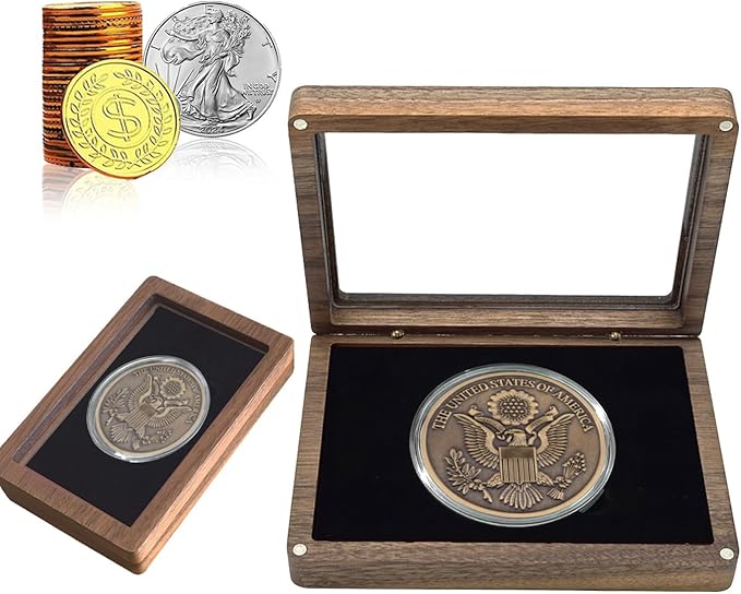 Challenge Coin Display Case Silver Dollar Coin Holder 2.3-2.5" in Single Coin Display Case Wood Coins Storage Box Coin Cases for Collectors