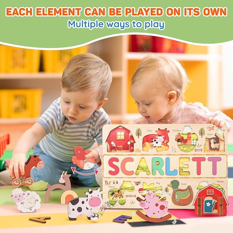 Personalized Wooden Name Puzzle for Toddlers 1-3 - Montessori Farm Animal Sensory Toy, Custom Educational Learning Toys for Toddlers to Boosts Fine Motor Skills, Perfect Birthday Gift