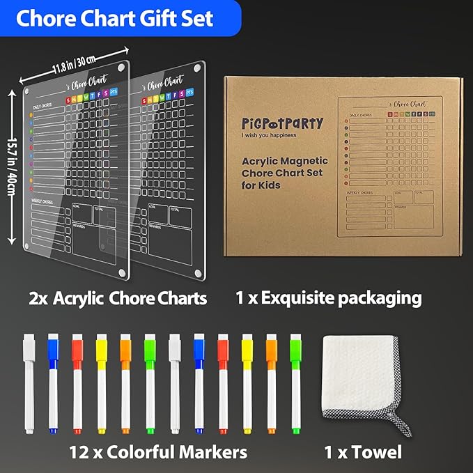 PigPotParty Acrylic Magnetic Chore Chart for Kids, 12"x16" Reward Responsibility Chart, Chores Checklist, 2 Weekly Dry Erase Fridge Board for Teens Adult Family Multiple Kids, w/ 12 Markers & Towel