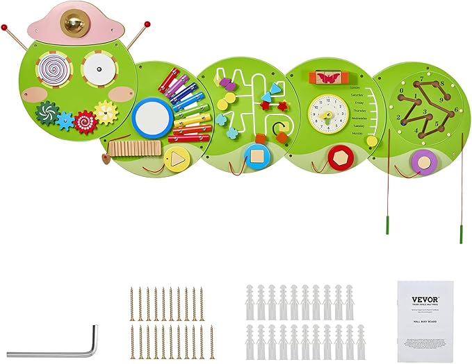 VEVOR Caterpillar Activity Wall Busy Board, 12 Activities Board, Montessori Sensory Panel for Kids 3-12 Years, Sensory Wall Activity Panel, Ideal for Toddler Playroom Nursery Classroom