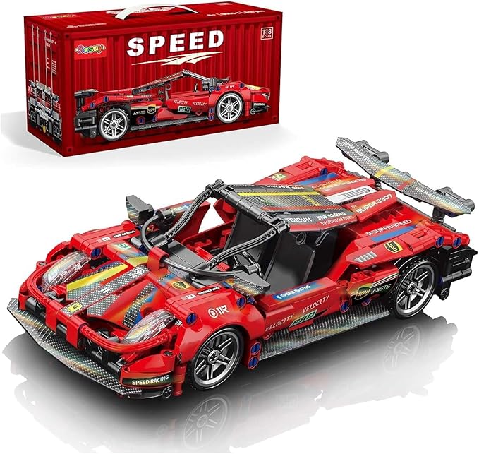 Sosuy Building-Block Race-Car Set, 1:18 Technical Model Kit 513 Pcs DIY Red Pull-Back Toy for Boy Girl Kid Age 6+ Year, Birthday Gift for Teen Adult Display, Speed Super Sports Cars Bricks Icons