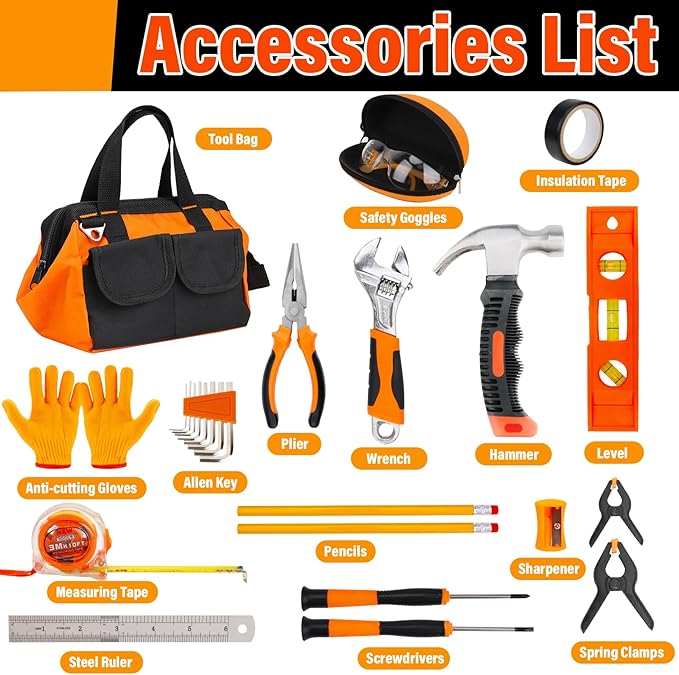 27-Piece Orange Kids Tool Set with Tool Storage Bag, Real Hand Tool Kit for Boys & Girls, Children Learning Tools for DIY Building, Woodworking and Construction, 6+ Years Old Birthday