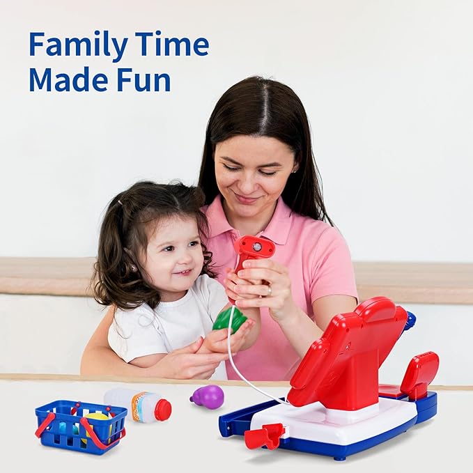 FS Toy Cash Register for Kids with Scanner, Play Money, Credit Card, Shopping Basket, Pretend Play Toys for Toddler 3-5-7 Years Old Boys and Girls Preschool Learning Activities, 57 Pieces Play Set