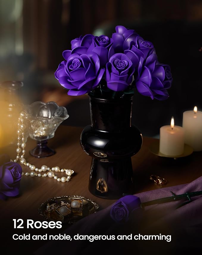 iATOM Purple Rose Bouquet Building Set, Artificial Flowers Botanical Collection for Adults Women, Gift for Halloween & Valentines Day - Gothic Home Office Table Centerpiece Decor - IA11017