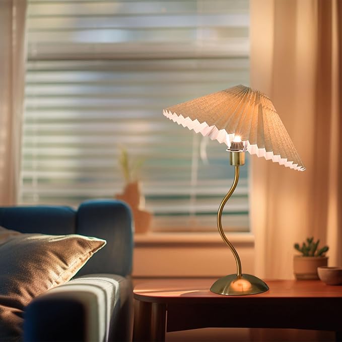 KUNJOULAM Small Pleated Table Lamp, Bedside Nightstand Lamp with Beige Lampshade, Morden Mini Lamp for Bedroom Home Office Decor, E12 Bulb Included