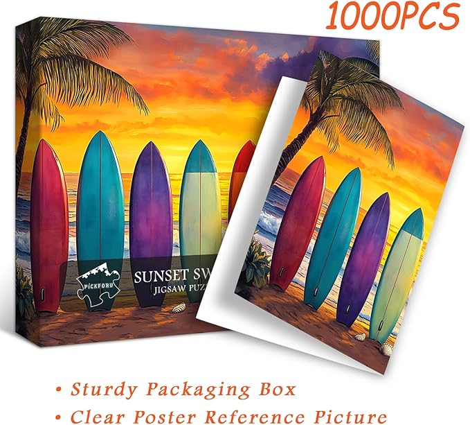Beach Sunset 1000 Piece Puzzle for Adults, PICKFORU Summer Seaside Surfboard Jigsaw Puzzles, Colorful Hard Beach Vacation Theme as Art Decor