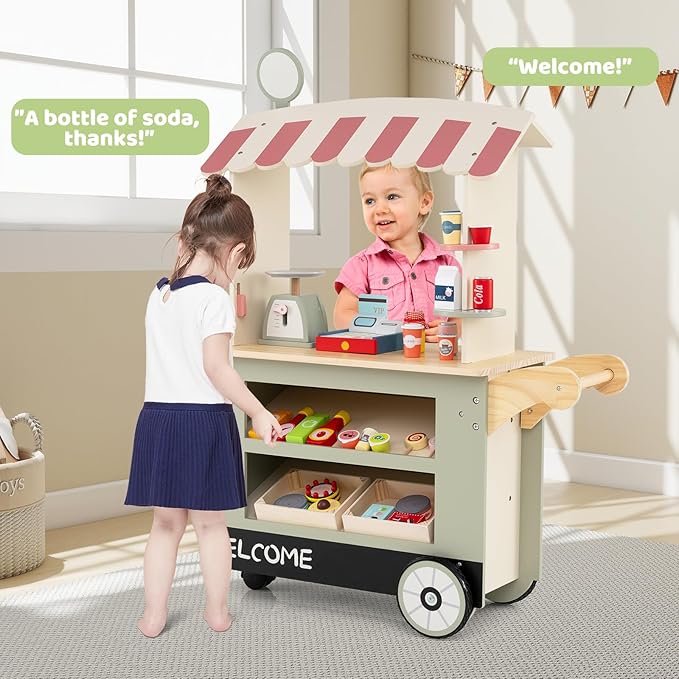 HONEY JOY Kids Food Cart, 30-Piece Toddler Pretend Play Grocery Store Playset w/Cash Register & Scale, Wooden Dessert Shop Play Market, Children Beverage Stand Cart w/Wheels, Gift for Boys Girls