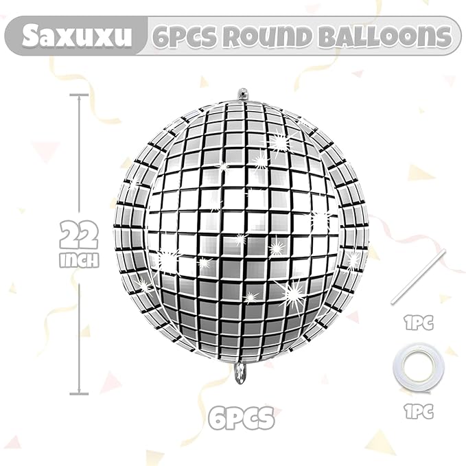 6Pcs Giant 4D Disco Ball Balloons, Sparkle Silver Disco Party Decorations, 22 Inch Round Foil Balloons for NYE 2025 Birthday Party Baby Shower Wedding Decorations