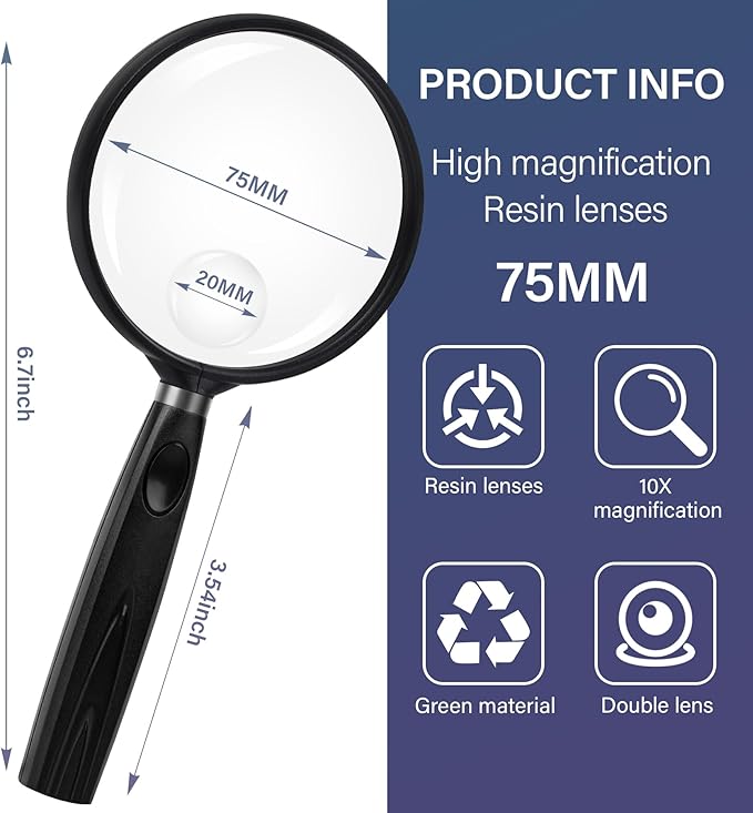 Feosky Handheld Reading Magnifier, 10X 30X Magnifier, 75mm Shatterproof Lens, Non-Slip Handle for Adults Close Work, Seniors Reading and Kids Nature Exploration, Hobby Observation (Black)