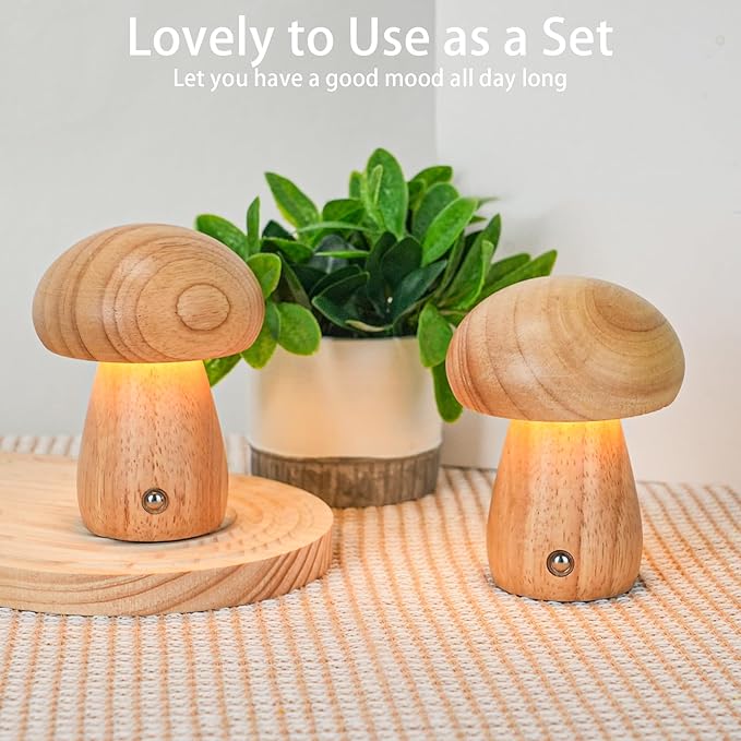 2 PCS Small Wooden Mushroom Lamp, Portable Cordless Rechargeable LED Touch Dimming Night Light, Perfect for Kids' Bedrooms, Nurseries & Gifts for Women, Natural Brown Finish