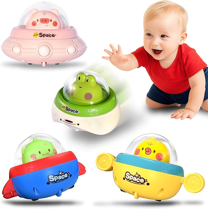 4PCS Animal Press to Go Car Toys for Toddlers 1-3, Push Go Friction Car Toys for 6-18 Months Baby, Animal Space Racing Cars, Infant Play Vehicle Set, Birthday Gifts for 1 Year Old Boy & Girl