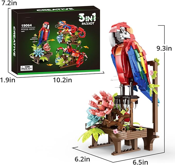 3 in 1 Parrot Building Block Set, Creative Animal Flower Construction Toy for Kids, Transform into Parrot, Chameleon & Crab Figures – Ideal for Home Decor & Creative Gifts