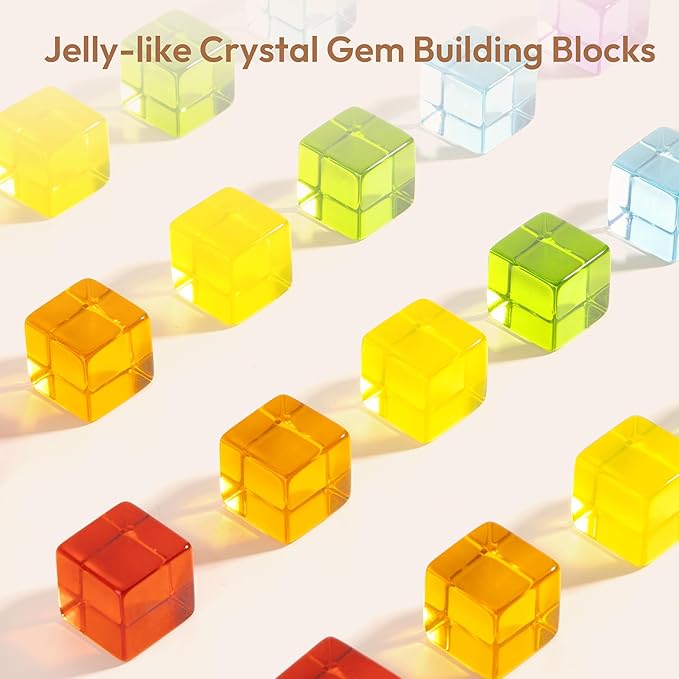 Woodtoe Wooden Building Blocks Set for Kids, 24 PCS Rainbow Gem Cubes Stacking Blocks - 2 Wood House, Montessori Stacking Toy for Toddlers, Educational STEM Learning Toy for Boys Girls 3-6