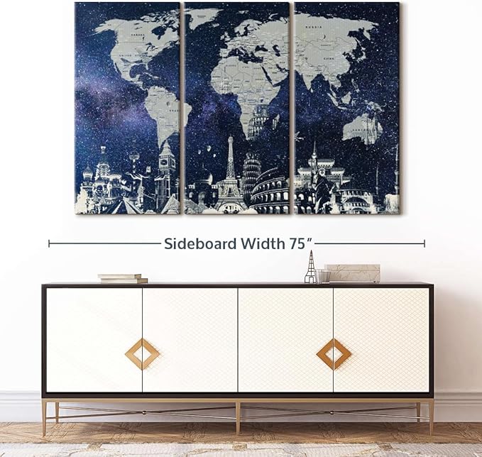 ElephantStock Starry World Map Multi Piece Canvas - 3 Panel Wall Decor - Map of the World Art - Canvas for the Office and Home - 65" X 42"