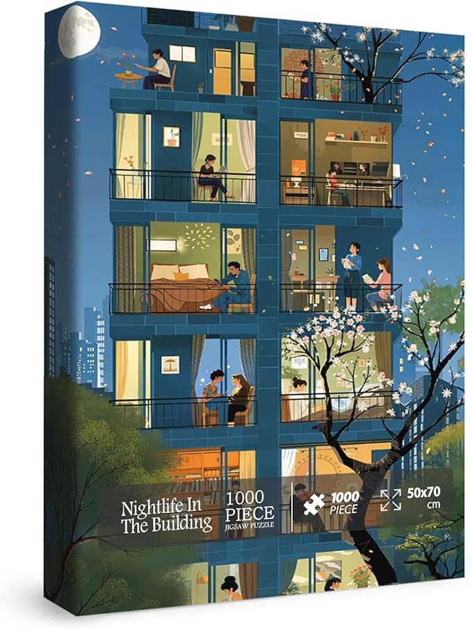 Cozy City Building Puzzle for Adults 1000 Piece, Relax Night Light Scenic Jigsaw Puzzle, Spring Cherry Blossom Tree Puzzle as Home Decor