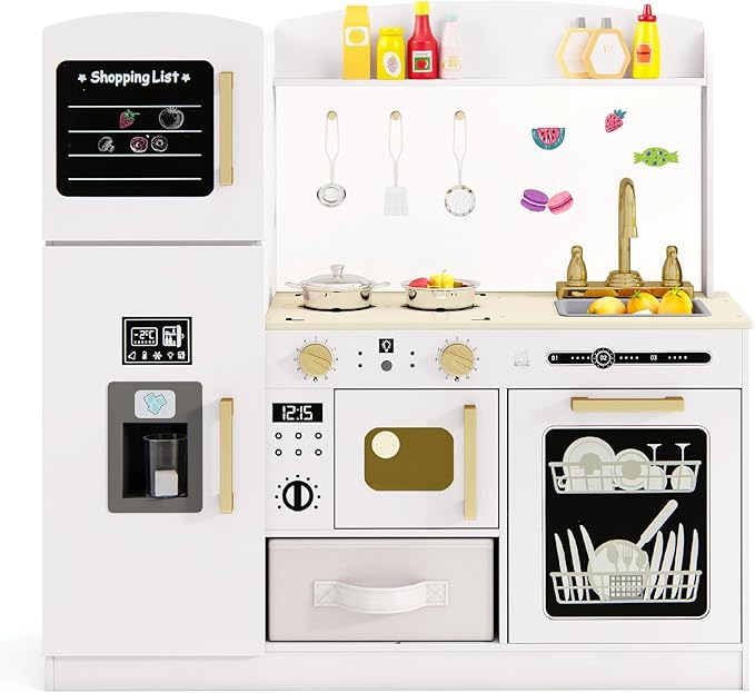 Costzon Kids Kitchen Playset, Wooden Pretend Play Kitchen w/Real Lights & Sounds, Chalkboard, Microwave, Ice Maker, Dishwasher, Sink, Cookware Accessories, Play Kitchen for Kids Ages 3+ (White)