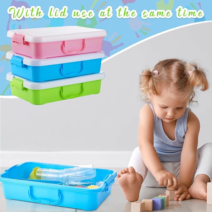 Suzile 3 Pcs Portable Sensory Bin Sand Tray with Lid, 15 Inch Colorful Plastic Sandbox Toy, Large Play Tray Fill with Sand, Water, Beads, and More, 3 Colors(Pink, Green, Blue)