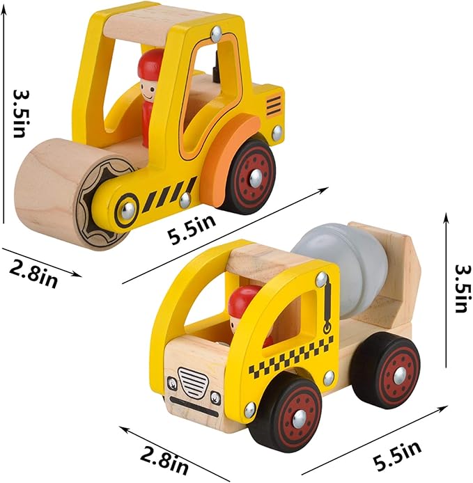 Wooden Push Car Toys for Infants 12-18 Months, 2 Pcs Baby Vehicle Toys Hand Push Car for 1 2 Year Old Boys Girls (Cement Truck + Road Roller)