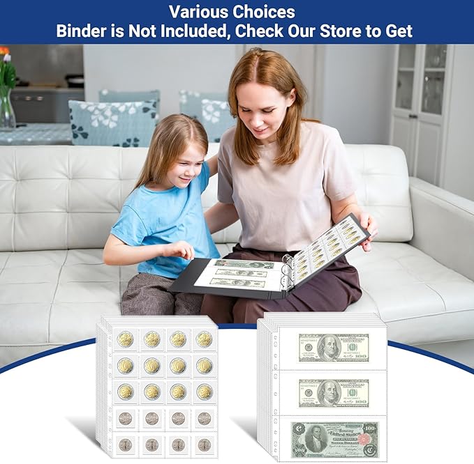 90 Pockets Acid Free Currency Sleeves, Non Stick and Non Glare Dollar Bill Sleeves for Collecting Cash, Banknotes or Coupons, Fit for 3 Ring Binder Currency Album, 30 Pack