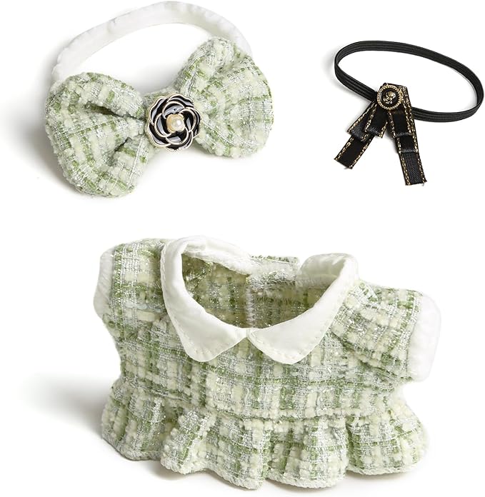 17cm Doll Clothes for Labubu- Luxury Chic Style Set for 17cm Dolls Outfit - Accessories for Dolls Clothes -Green Plaid Tweed Dress + Black Necktie + Green Bow (No Doll)