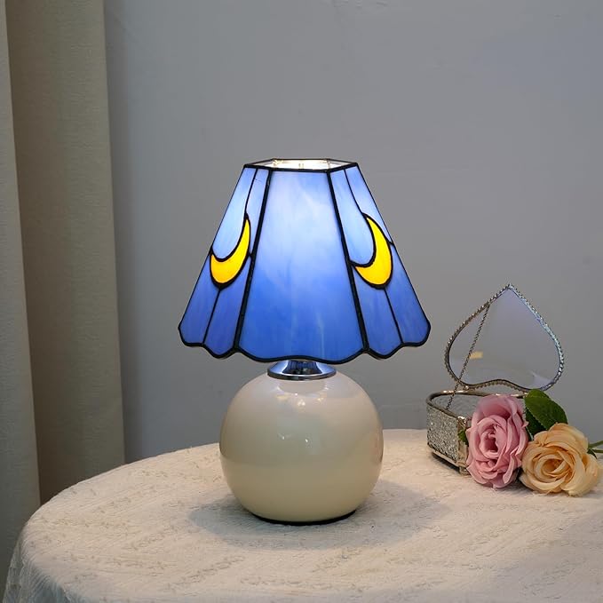Mushroom Lamp Tiffany Stained Glass Moon lamp Cute Small Bedside Table Lamps for Living Room Home Decor,Girls Women Birthday Christmas Thanksgiving Day Gift,Blue