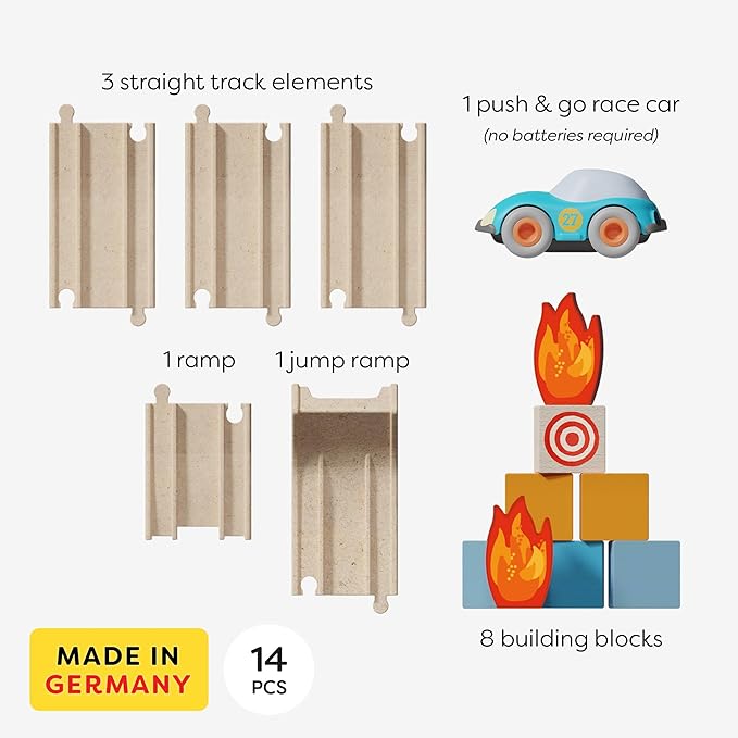 HABA Cars Action Ramp 14-Piece Toy Car Ramp Set, Sustainable Kids' Race Track with Stunt Jump & Push and Go Battery-Free Car Track Fun for Ages 2+