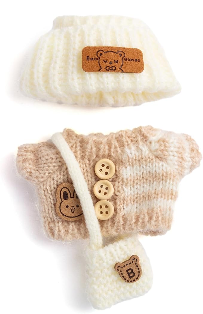 17cm Doll Outfits for Labubu - Kawaii Chic Style Set for 17cm Dolls, Cute Doll Clothes with Accessories - Button Up Stripe Brown Sweater + White Hat + White Bag (Clothes Only)