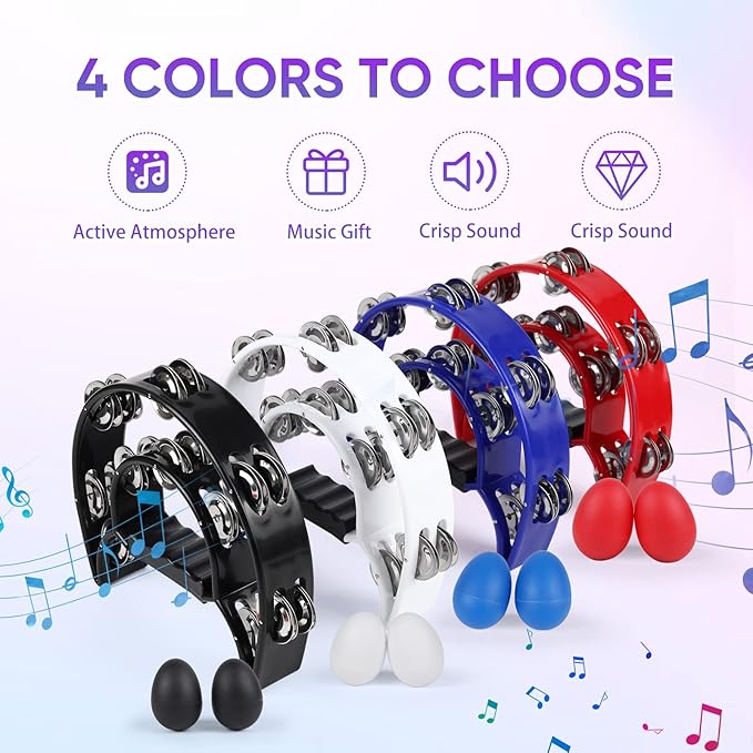 Tambourine Musical Instrument for Adults - 10 Inch Tambourines Half Moon with Egg Shakers Double Row Metal Jingles Handheld Percussion Instruments for Church Dance Party Events KTV (Red)