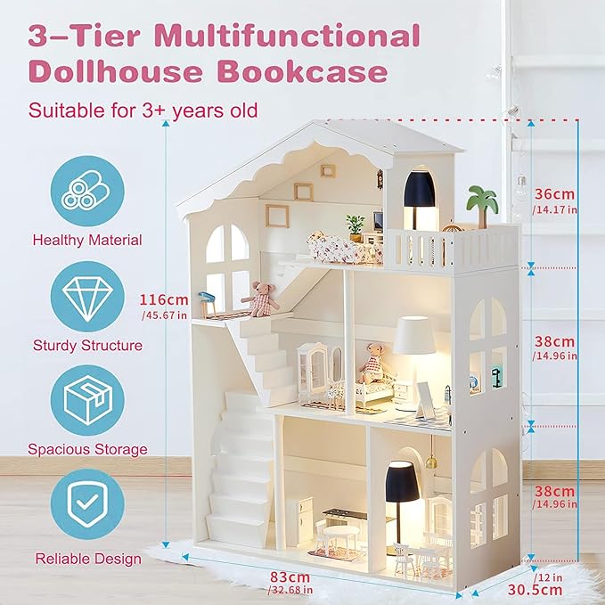 Wooden Dollhouse Bookshelf 3-Tier Doll House Bookcase Kids Books Toys Dolls Storage Organizer Shelves for Children's Bedroom Playroom Kindergarten Nursery Gift for Boys Girls Ages 3-8 Years Old