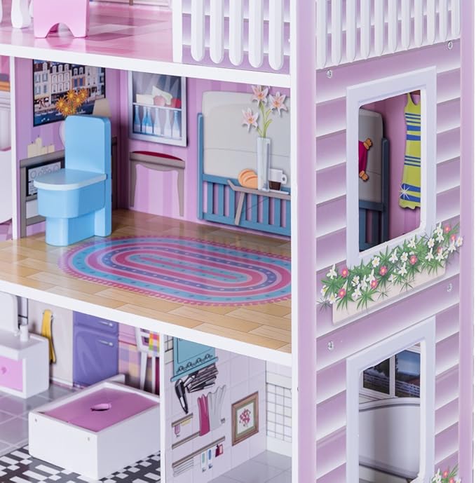 Costzon Wooden Dollhouse for Kids, 3-Story Semi-Open Doll House with 5 Rooms & 8 Pieces Furniture Accessories, Balcony, Preschool DIY Pretend Play Dollhouse Toy, Gift for Girls & Boys Ages 3+