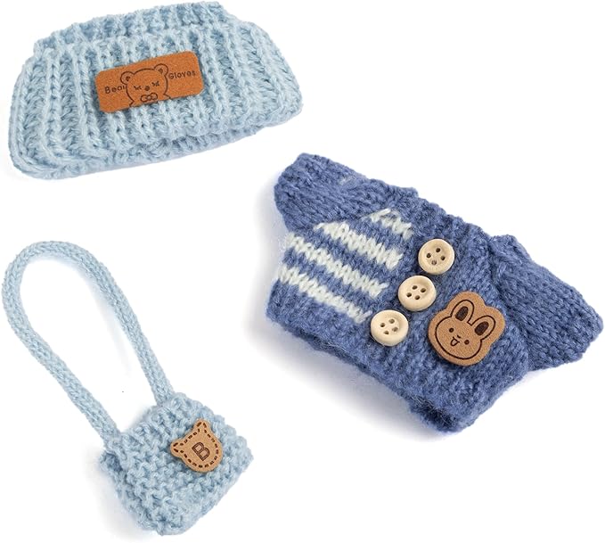 17cm Doll Outfits for Labubu - Kawaii Chic Style Set for 17cm Dolls, Cute Doll Clothes with Accessories -Button Up Stripe Blue Sweater + Blue Hat + Blue Bag (Clothes Only)