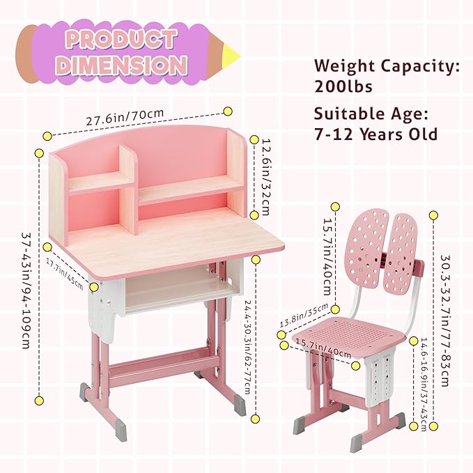 2025 NEW Kid's Study Desk and Chair Set, Ergonomic Height Adjustable Children Study Desk with Tilt Desktop, Book Stand, Light, Metal Hook and Storage Drawer,Gift for Boys Girls (Pink 70cm no lean)