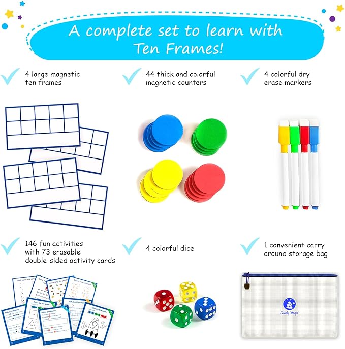 130 PCS Jumbo Magnetic Ten Frame Set, Ten Frames Class Set, Math Manipulatives for Kindergarten, PreK, Preschool, Math Counters, Games for Kids, Magnetic Counters, Teacher and Homeschool Supplies