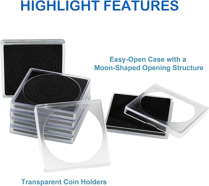 Coin Snap Holders, 20 Pcs Silver Dollar Coin Holders, Clear Coin Capsules Cases for Collectors with 5 Sizes Black Gasket 20/25/30/35/40mm, Plastic Storage Organizer Box for Coin Collection Supplies