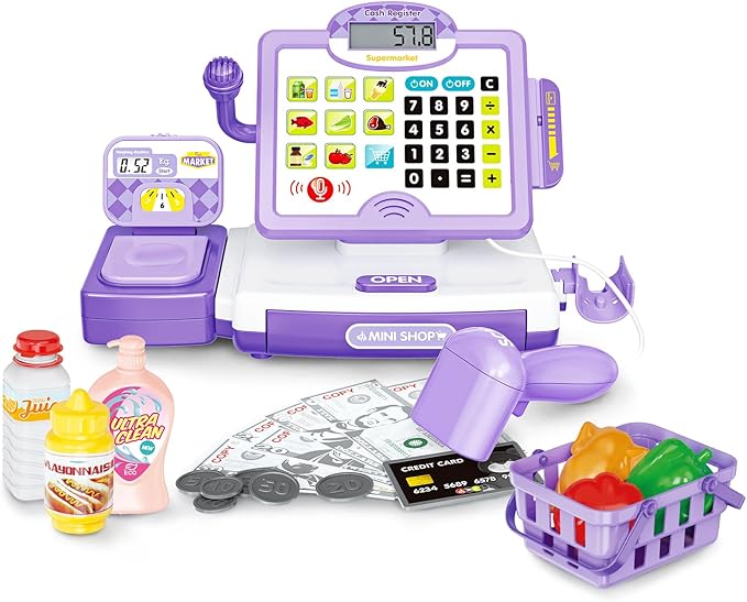 FS Pretend Play Cash Register Toy Preschool Gift for Kids, Classic Count Toy with Sound, Microphone, Scanner, Credit Card, Play Food for Boys & Girls, 57 Pieces Play Set, Ages 3 4 5 6 7, Purple
