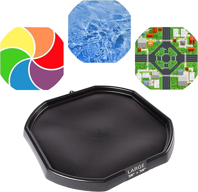 MEKA Tuff Tray with 3 Play Mats, Sensory for Kids Road, Water, Color Themes, Indoor Outdoor Use, Home or Classroom (Black, Large 38" x 38")