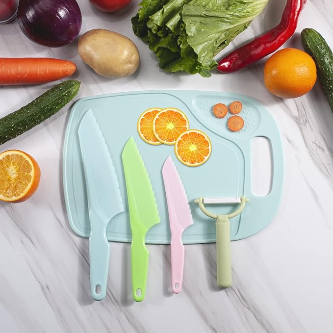 Kids Knifes Set, Kitchen Knife and Cutting Board Set, Children's Cooking Knives in 3 Sizes & Colors/Firm Grip, Serrated Edges, BPA-Free Kids' KnivesLettuce and Cutting Board Peeler