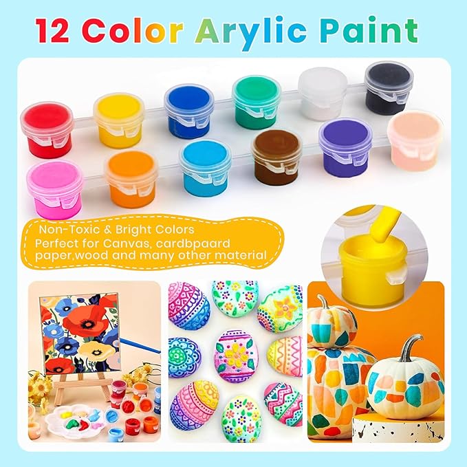 24 Pack Mini Acrylic Paint Set, 12 Colors Washable Acrylic Paint Strips with 24Pcs Painting Brushes for Kids&Adults Paint, 336 PCS Kids Painting Kit for Birthday Party Favor, Classroom, Art Gift