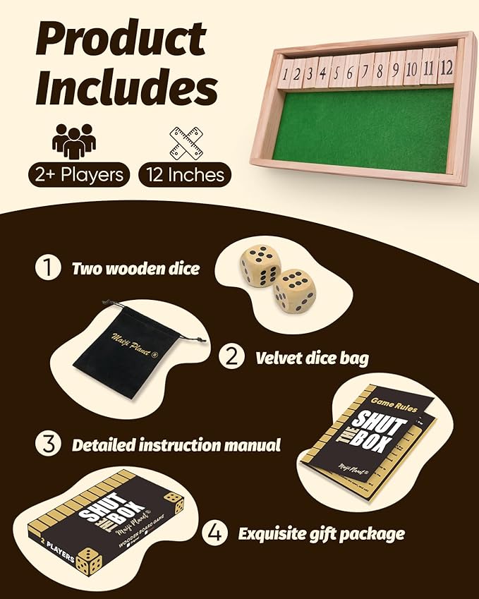Original 12 Numbers Shut The Box Game, Math Dice Board Game for Family Night, Camp, Wooden Classic Tabletop Gift for Group Kid Adult Senior, Travel Party Bar, Easy Quick and Fun, Portable Style