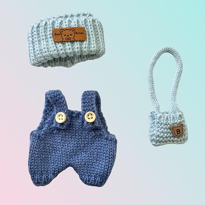 Clothes for Dolls, Handcrafted Crochet 3-Piece Set for 17cm Doll, Stylish Knitted Outfit with Hat, Overalls, Bag Accessories for Doll