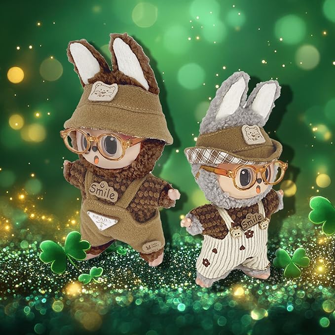 17cm Clothes Set (NO Doll) 5PC Set Hat Glasses Overalls for 17cm Accessories Suit, Doll Clothing for Trendy Blind Box，Cute Clothes for LBB Doll Dress up Unique Style,Free Combination (Tan)