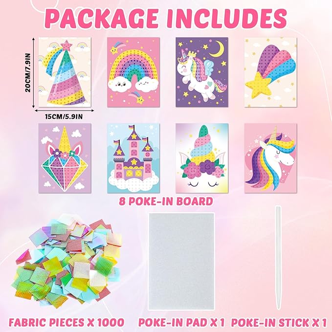 8PCS Poke-in Craft and Art Kit for Kid Unicorn Theme No-Mess Fabric Sewing Art Girls Boys 4-12 Puzzle Puncture Painting DIY Pastel Rainbow Toy Gift for Creative Activity Game Birthday Party
