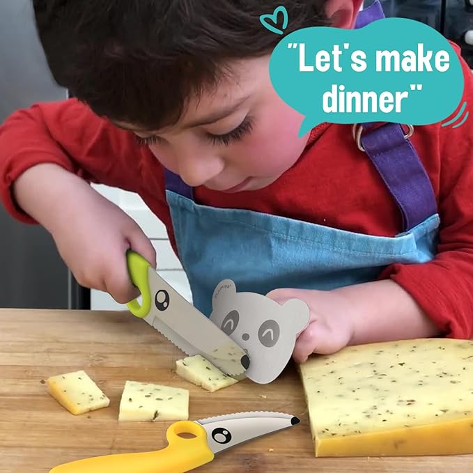 Kids Knife Set for Real Cooking with Educational Ring & Panda Finger Guard for Boys & Girls Cutting, Kids Chef Knife Stainless Steel Blade for Kitchen Cutting-Warm-toned