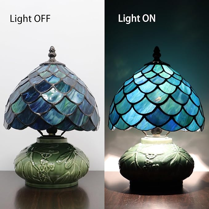 Small Tiffany Lamp Mushroom Table Lamp, Mini Stained Glass Desk Light Memory Sympathy Ceramic lamp 8X11 Inch (Fishscale Style)