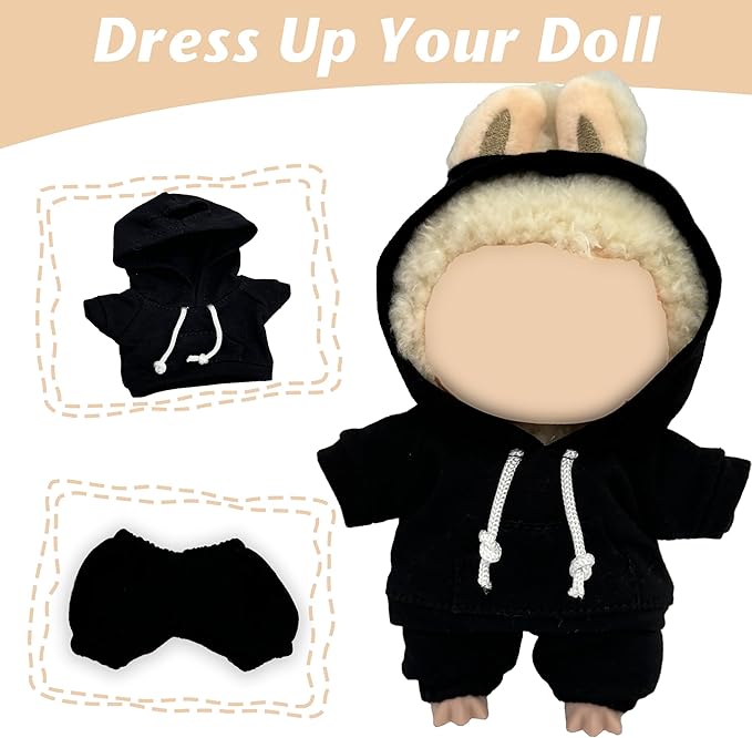 17cm Dolls Clothes Outfit Set for Doll - Casual Style Hoodies Clothing Set for Doll Dress Up, Black Set